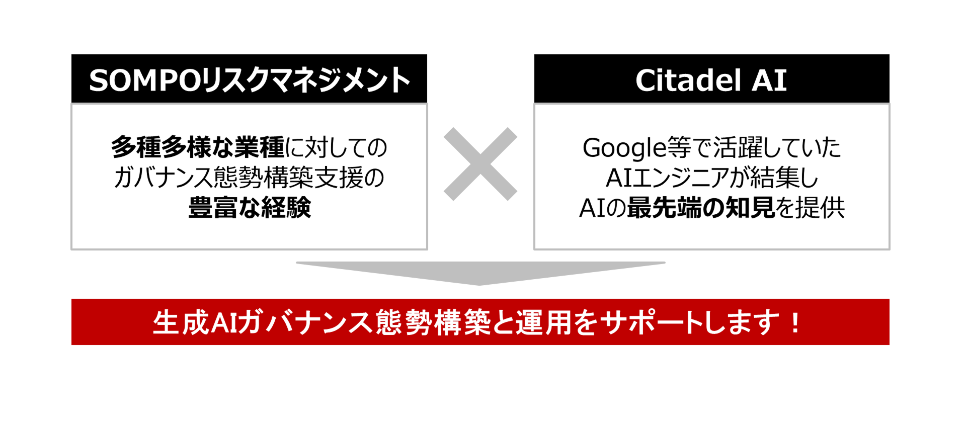 SOMPOリスクマネジメントは多種多様な業種に対してのガバナンス態勢構築支援の豊富な経験。Citadel AIはGoogle等で活躍していたAIエンジニアが結集しAIの最先端の知見を提供。生成AIガバナンス態勢構築と運用をサポートします！