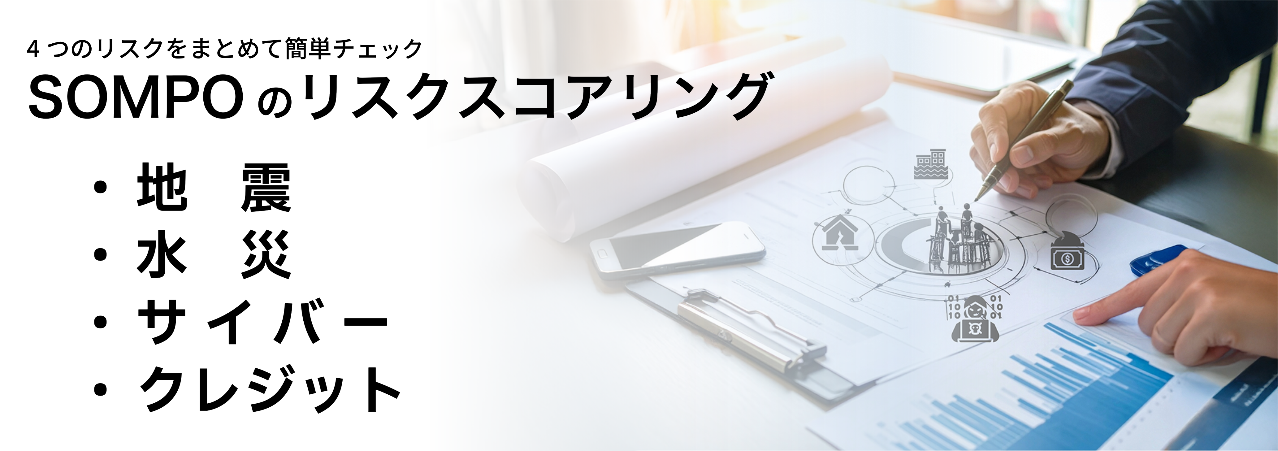 地震、水災、サイバー、クレジット。4つのリスクをまとめて簡単チェック。SOMPOのリスクスコアリング